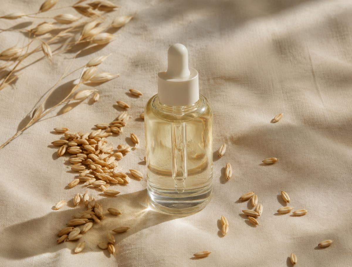 Yulaf tanecikleriyle çevrili sade bir serum şişesi
