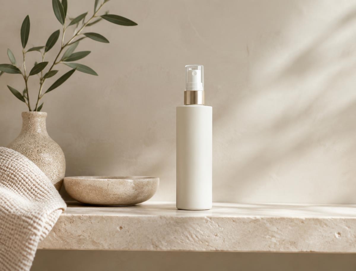 Sade banyo rafında yumuşak gün ışığında duran sprey şişesi