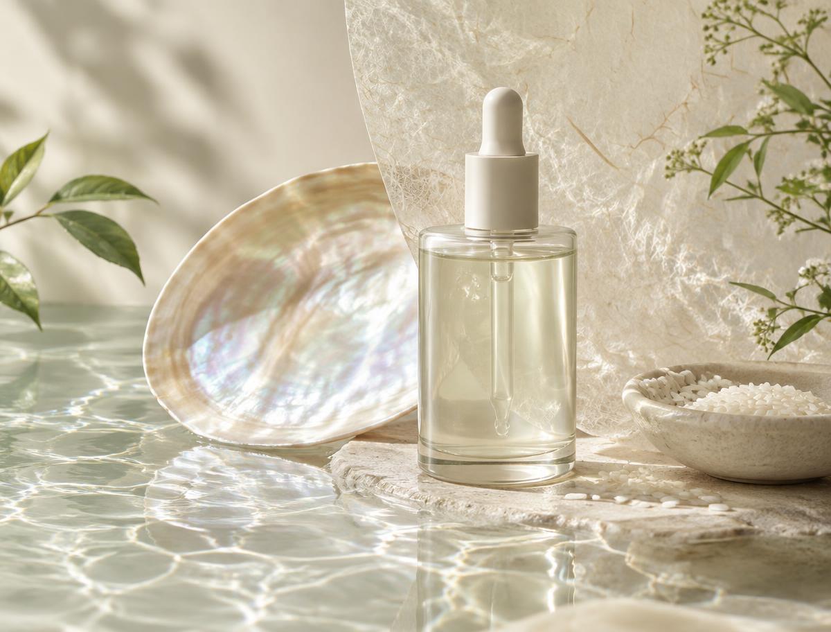 Su yansımaları ve sedef dokuları arasında duran aydınlık serum şişesi