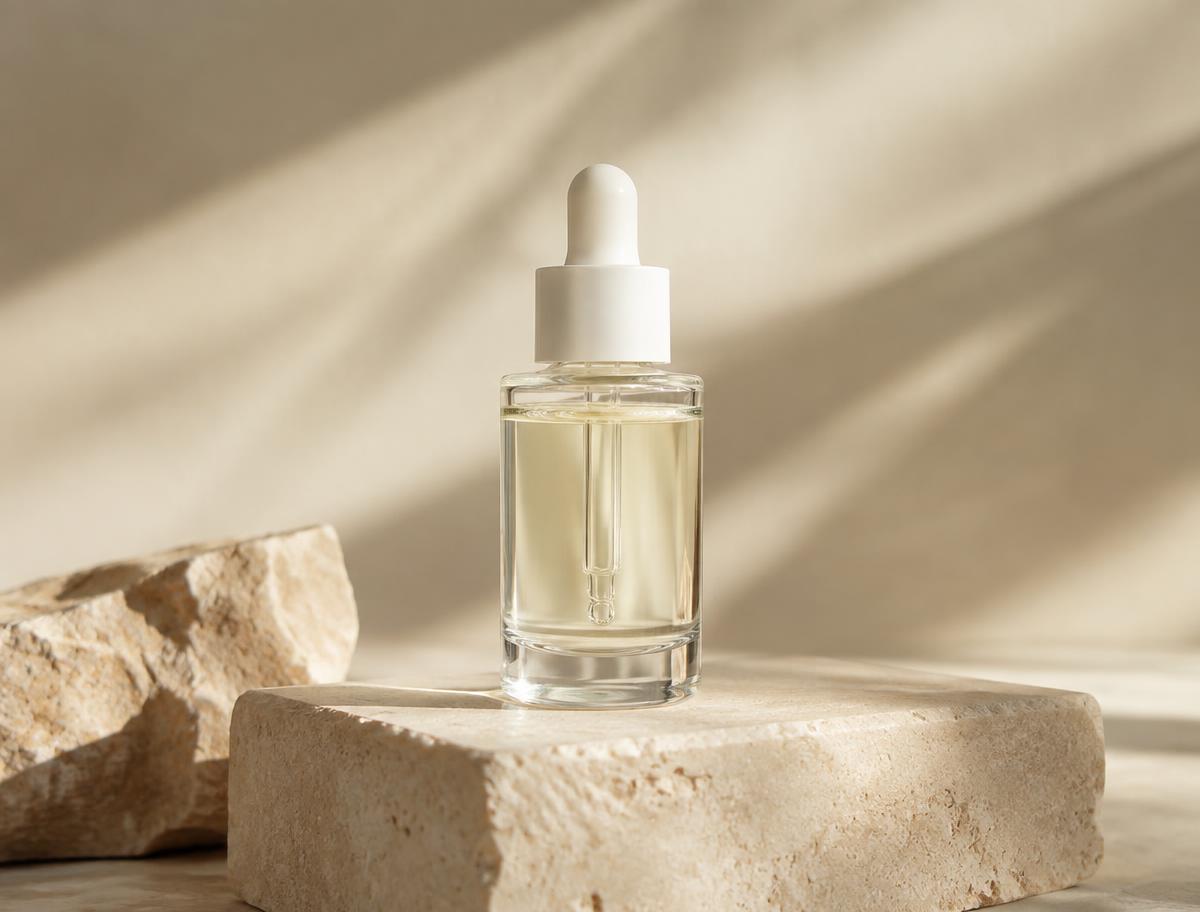 Sade bej zeminde yumuşak ışıkta duran damlalıklı serum şişesi