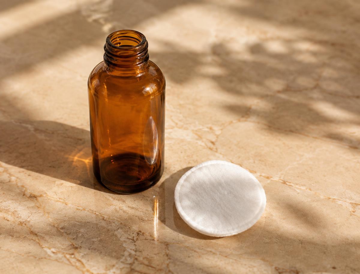Mermer yüzeyde duran amber cam şişe ve pamuk ped