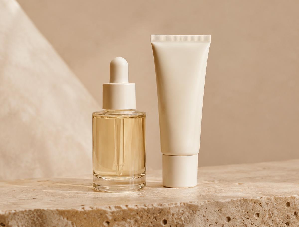 Üst üste dizilmiş serum ve güneş kremi şişeleri
