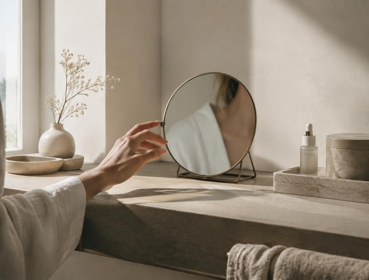 Doğal ışıkta aynaya bakan bir el ve sade banyo rafı