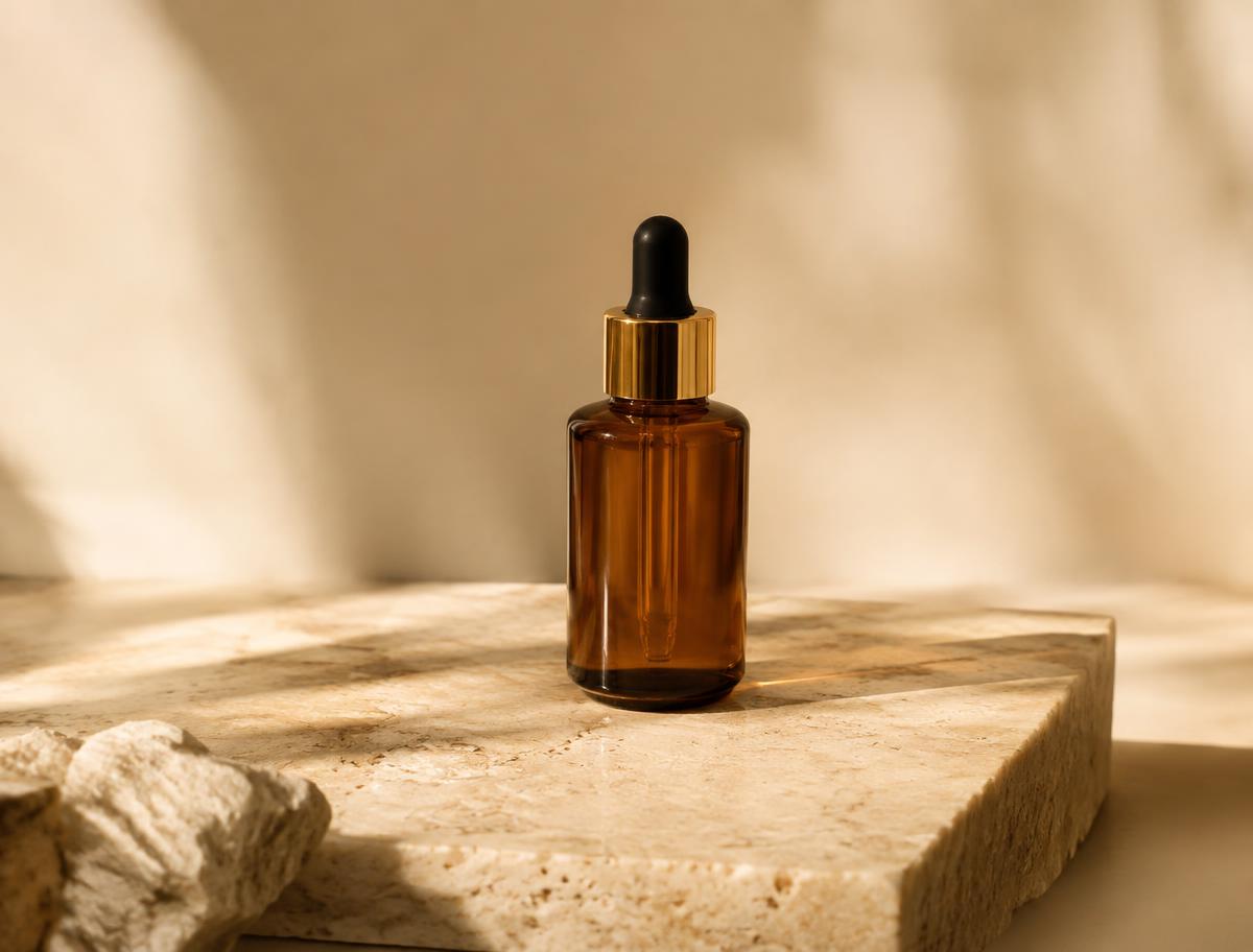 Bej zeminde yumuşak ışıkta duran amber cam serum şişesi