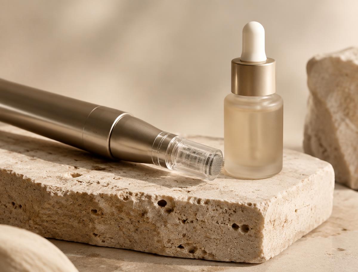 Klinik estetiğinde radyofrekans mikroiğneleme cihazı başlığı ve serum